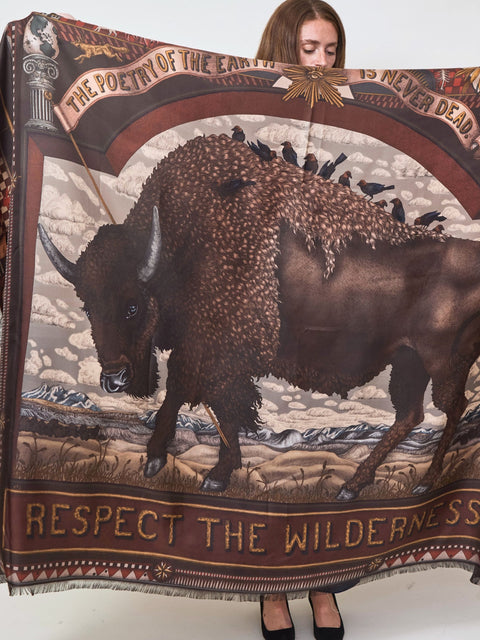Secrets of the Bison, 195cm silk rectangle, saguine