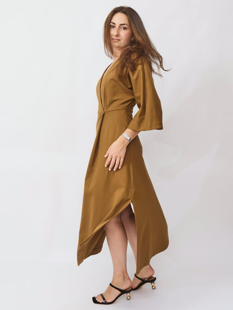 V-Neck Bell Sleeve Dress, Sigaro