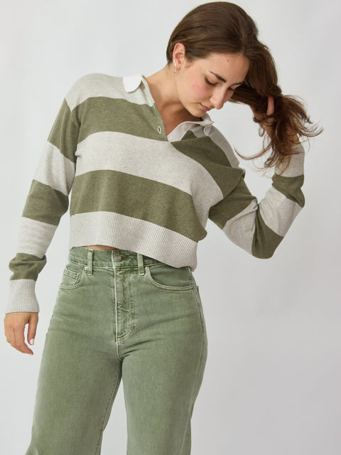 Cotton Cashmere Polo, Green Stripe