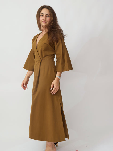 V-Neck Bell Sleeve Dress, Sigaro