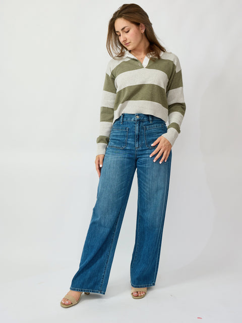 Cotton Cashmere Polo, Green Stripe