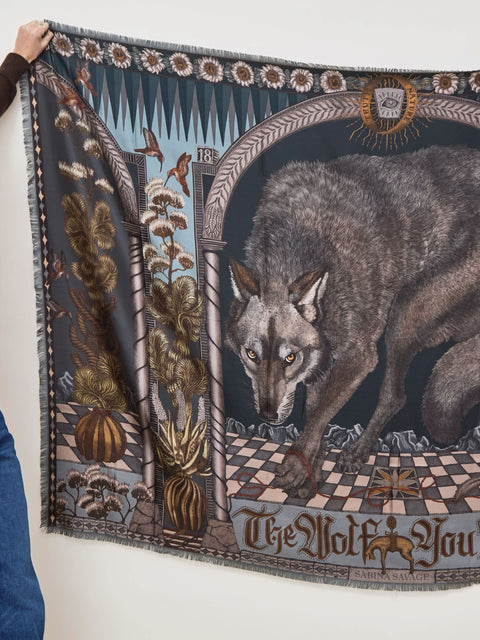 Wolf You Feed, 195cm silk rectangle, gunmetal