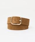 Brown suede belt with rounded gold buckle, rolled display against white background.