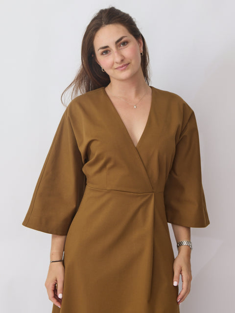 V-Neck Bell Sleeve Dress, Sigaro