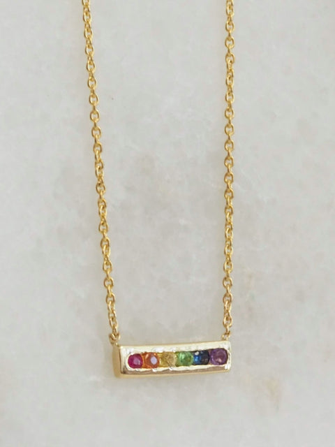 Rainbow Bar Necklace, 14k