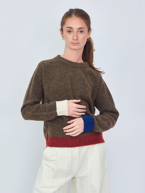 Woman wearing a brown sweater with color-blocked cuffs on a white background