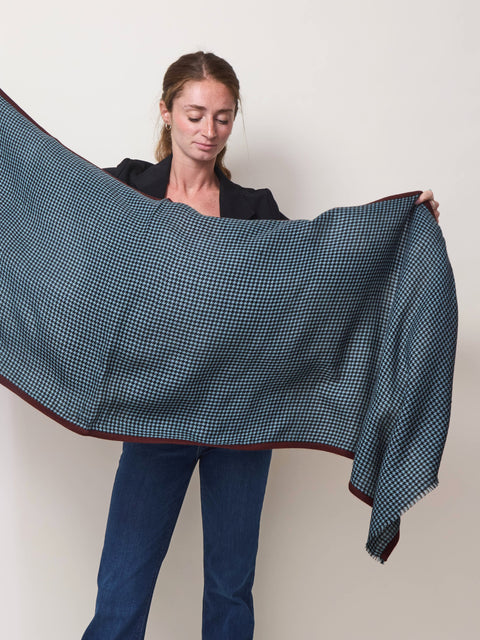 Houndstooth Selvedge Scarf, blue/burgundy