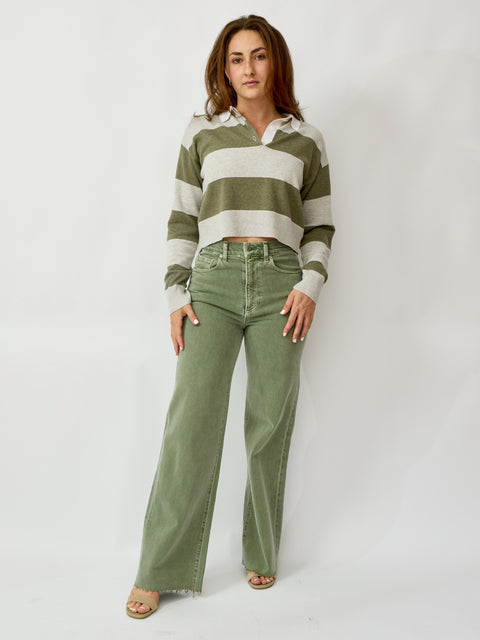Cotton Cashmere Polo, Green Stripe