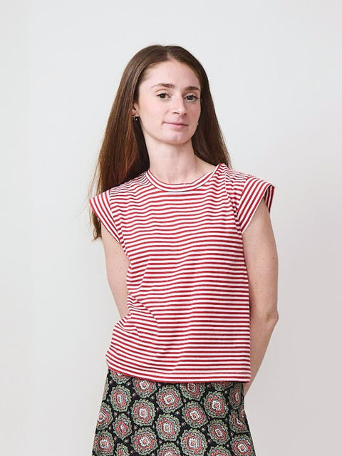Peak Shoulder Tee, Cherry Stripe