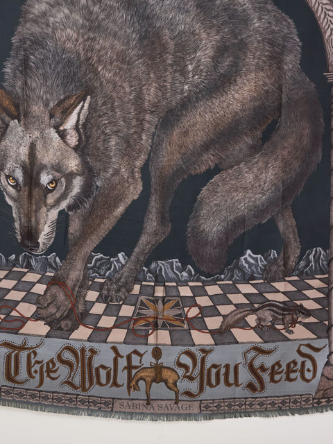 Wolf You Feed, 195cm silk rectangle, gunmetal
