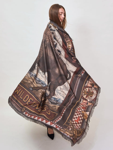 Secrets of the Bison, 195cm silk rectangle, saguine