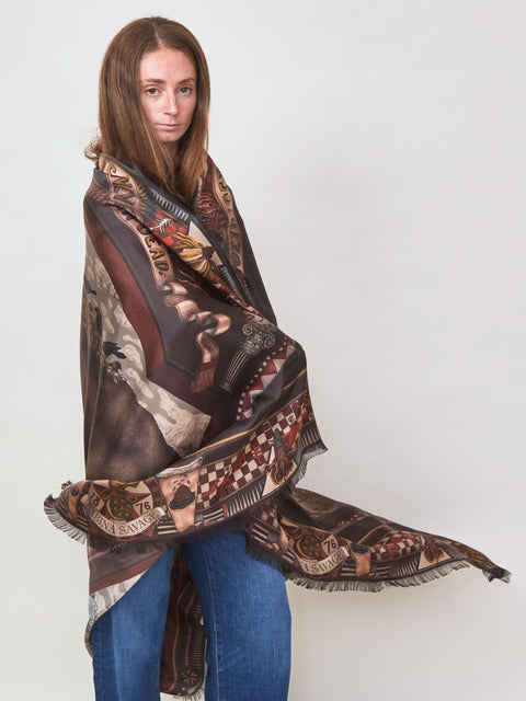 Secrets of the Bison, 195cm silk rectangle, saguine