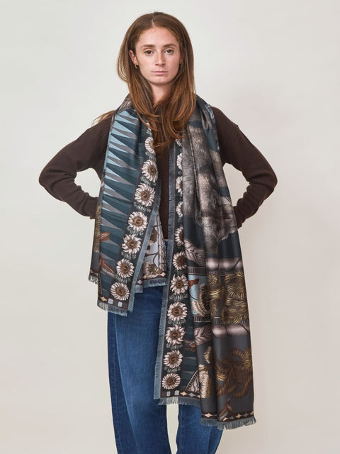 Wolf You Feed, 195cm silk rectangle, gunmetal