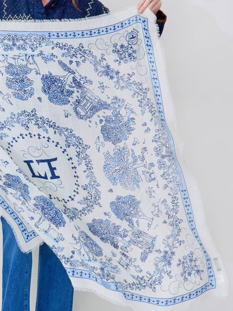 small bandana scarf with white background and blue toile print