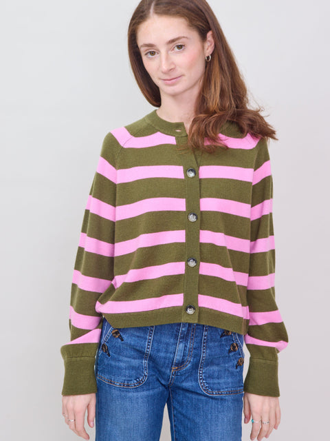 Boxy Striped Cardigan, woodlands/plastic pink