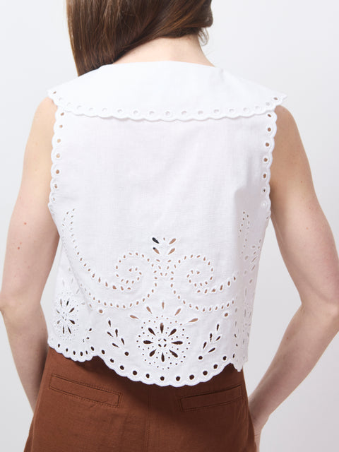 Embroidered Eyelet Sailor Top, white