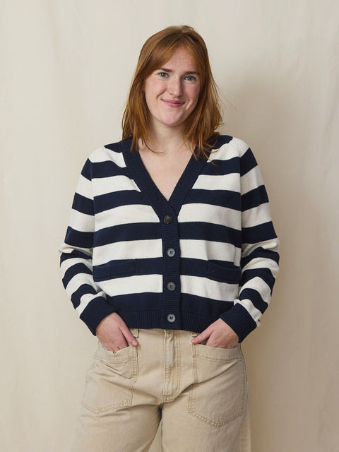 Varsity Cardigan, Navy Stripe