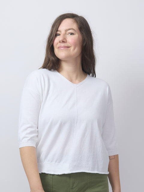 Cotton V-Neck Pullover, white elbow sleeve
