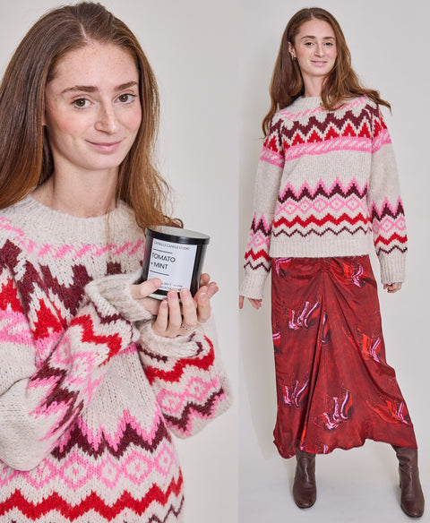 Woman wearing a patterned sweater holding a candle, next to a full-body view of the same woman in the sweater with a red skirt.