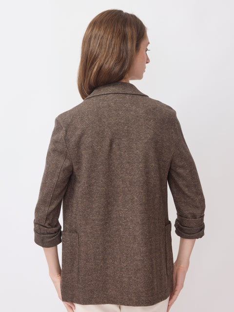 Collared Patterned Blazer, Brown Herringbone