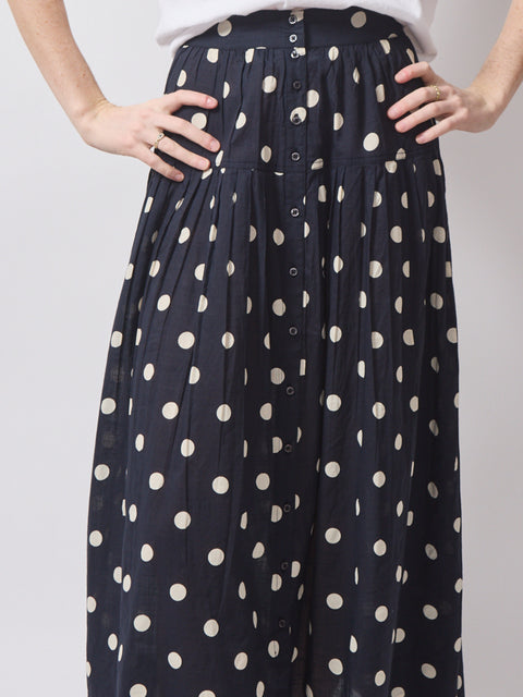 Highland Skirt, Navy Cream Polka Dot