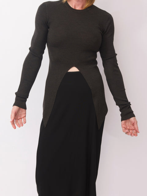 L/S Crewneck w/ Tie-Front, Dark Brown