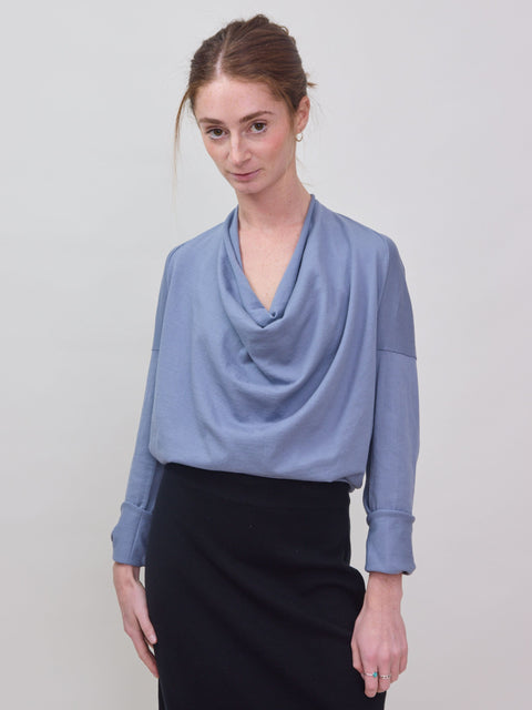 Cotton L/S Draped Neck Top, storm