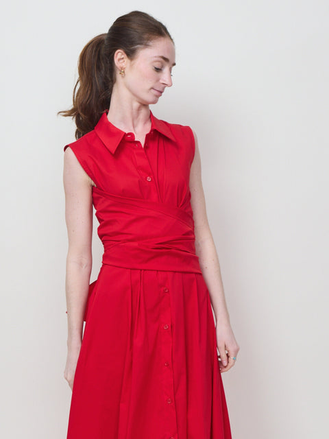 Cinch Waist Sleeveless Dress, red