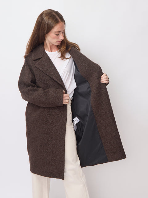 Dropped Shoulder Bouclé Coat, Dark Brown