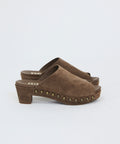 Brown suede open-toe mules with studded platform and low block heel.