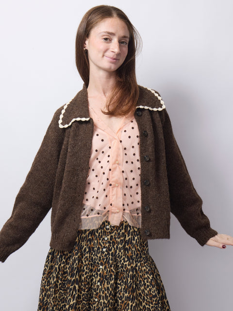 Crochet Collar Cardigan, Chocolate Brown