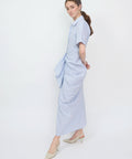 Blue and white striped shirt dress with gathered ruffle details, short sleeves, and midi length.