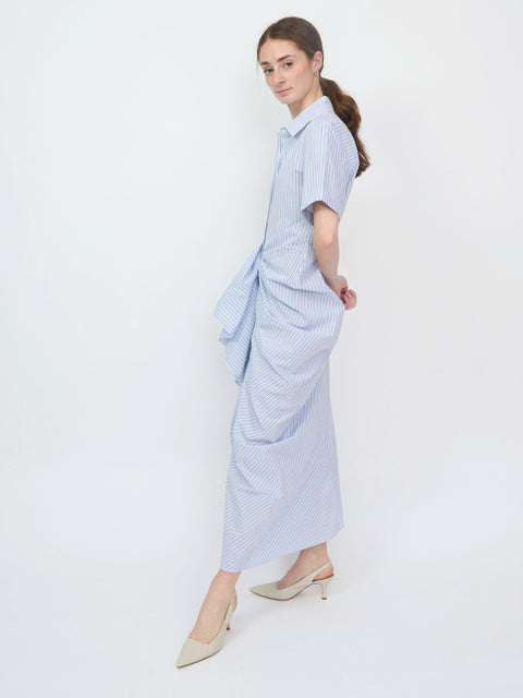 Blue and white striped shirt dress with gathered ruffle details, short sleeves, and midi length.