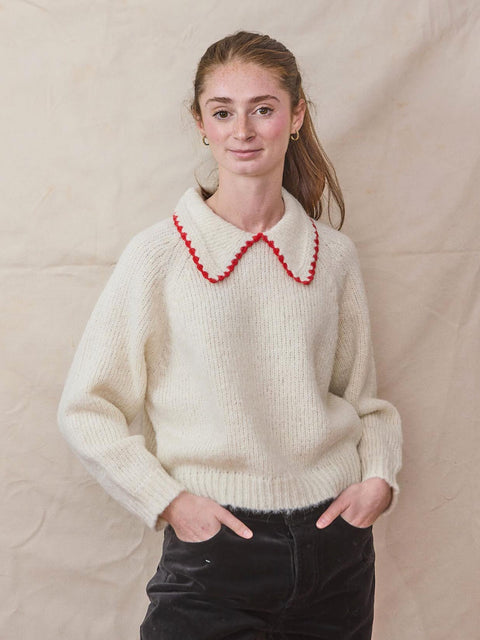 Crochet Pullover, White/Cherry