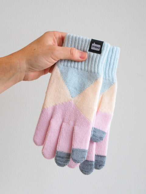 Mirage Knit Gloves, Pink/Beige/Blue