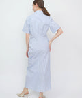 Blue and white striped shirt dress with short sleeves, gathered waist, and mid-calf length hem.