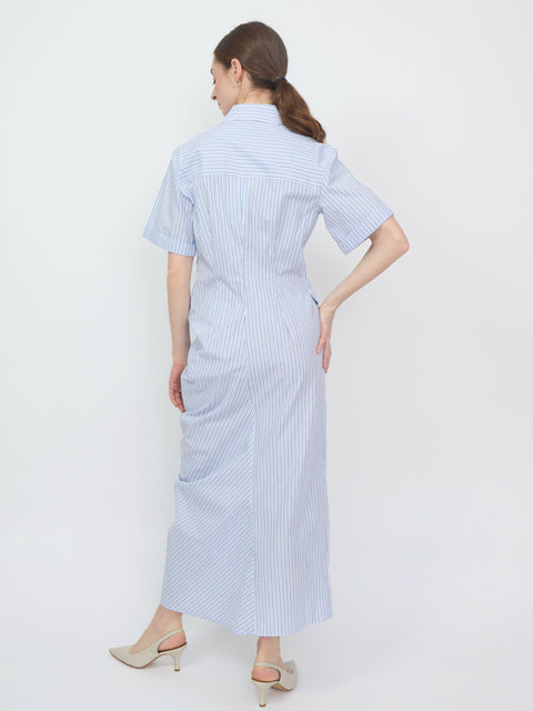 Blue and white striped shirt dress with short sleeves, gathered waist, and mid-calf length hem.