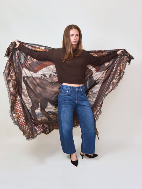 Secrets of the Bison, 195cm silk rectangle, saguine