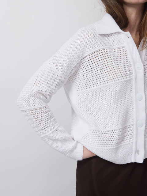 Mixed Texture Collared Cardigan, White