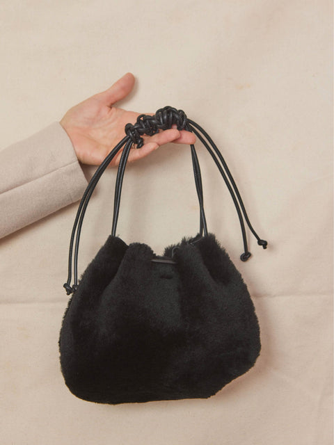 Mini Drawstring, Black Shearling