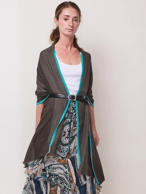 Houndstooth Selvedge Scarf, beige/turquoise
