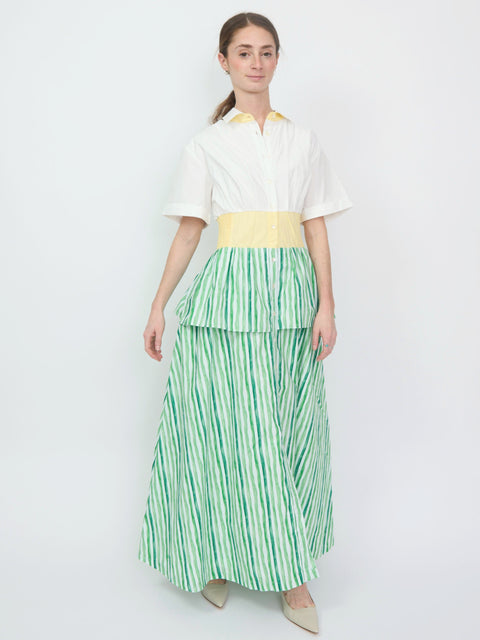 White short-sleeve collared top dress with yellow waistband and tiered green-striped skirt.