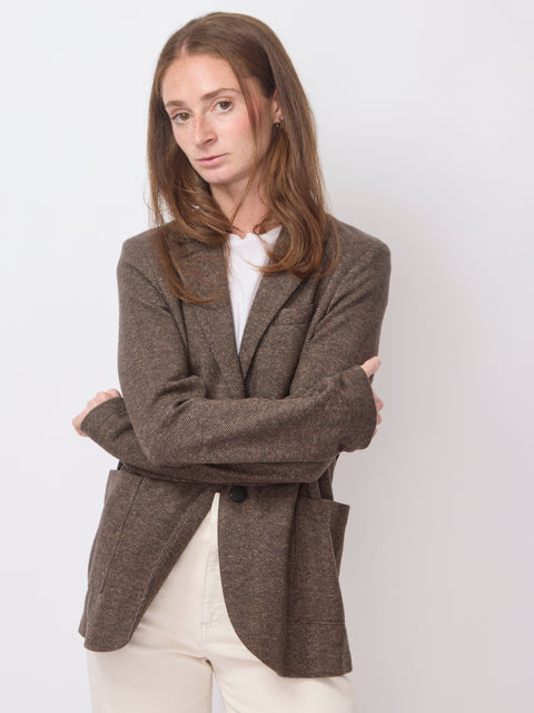 Collared Patterned Blazer, Brown Herringbone