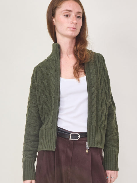 Cable Zip Cardigan, Loden
