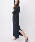 British Navy maxi dress with hood, long sleeves, side slit, and relaxed fit.