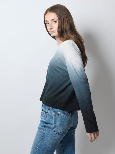 Cotton L/S Crewneck Top, Black Ombre