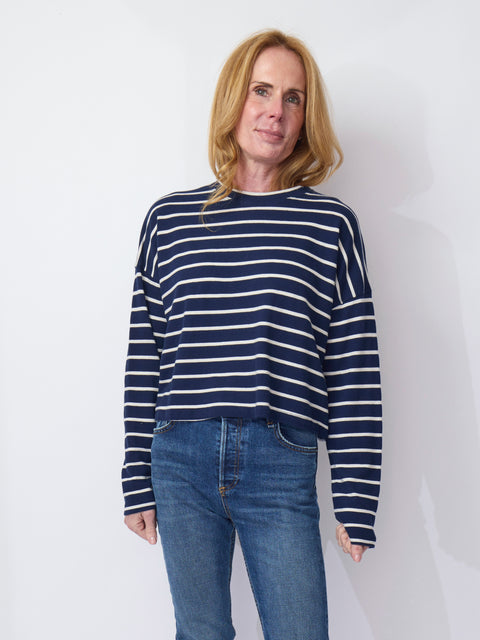 Cropped Long Sleeve, Navy Stripe