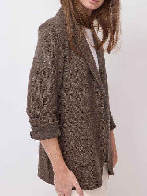Collared Patterned Blazer, Brown Herringbone