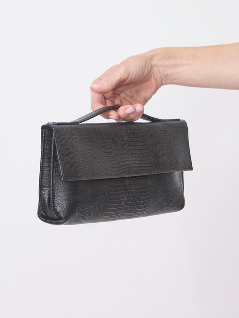 Top Handle Lizard Clutch, Black