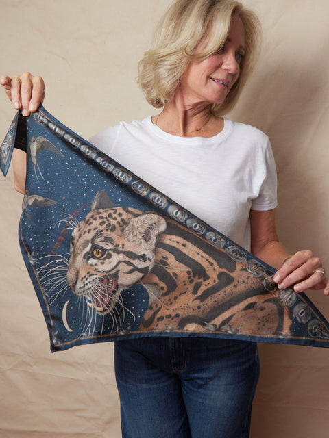 Lunar leopard, 65cm silk triangle, Champagne